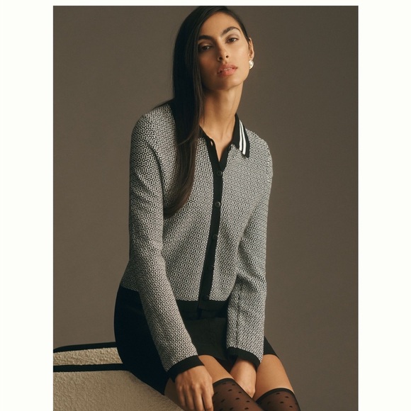 Anthropologie Maeve Black and White Plunging Polo Cardigan Size Small - Picture 4 of 7
